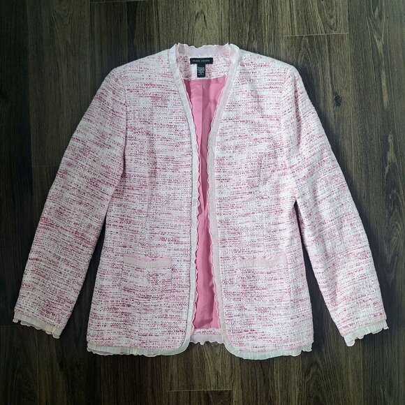 💙 Valerie Steven's Tweed Pink White Cotton Blend Shoulder Pads Blazer Size 8 - Picture 1 of 10